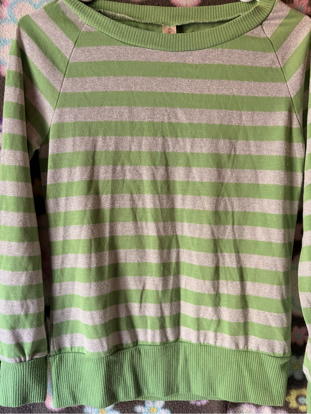 No Boundaries Green and Silver Striped Crewneck Sweater